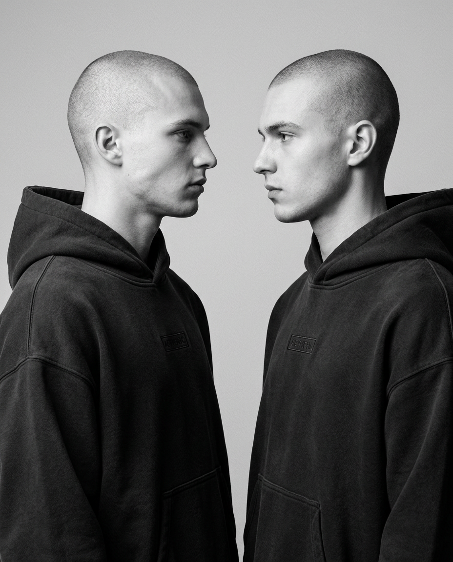 AETHERIC editorial — two models in charcoal hoodies