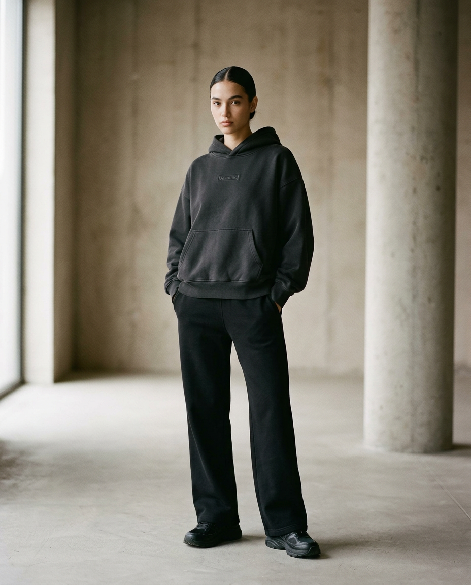 AETHERIC — female model in charcoal hoodie and sweatpants